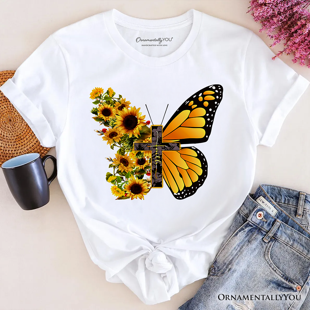 Faith Cross Butterfly T-Shirt, Christian Sunflower Floral Tee