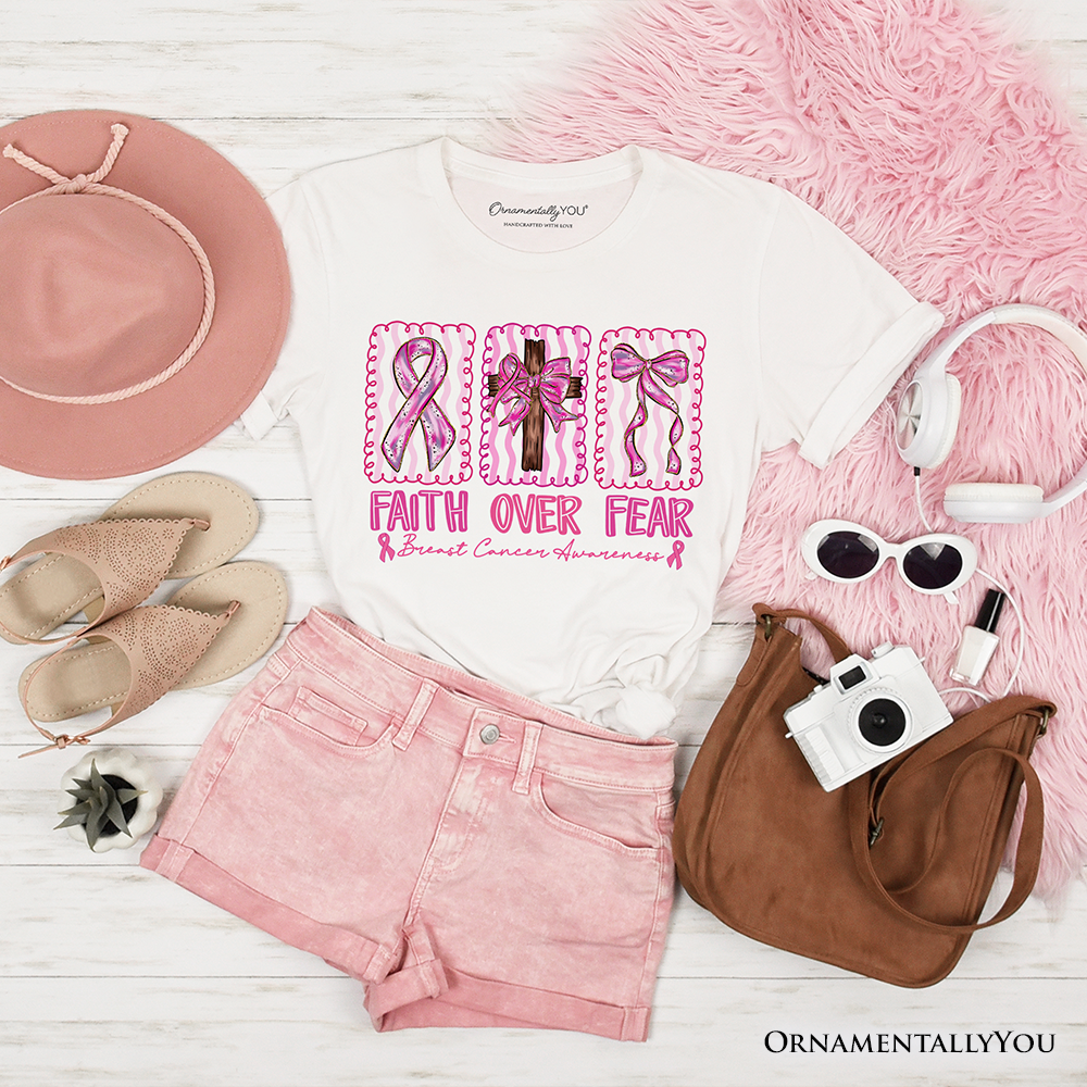 Faith Over Fear Breast Cancer Christian T-Shirt, Pink Ribbon Awareness Tee