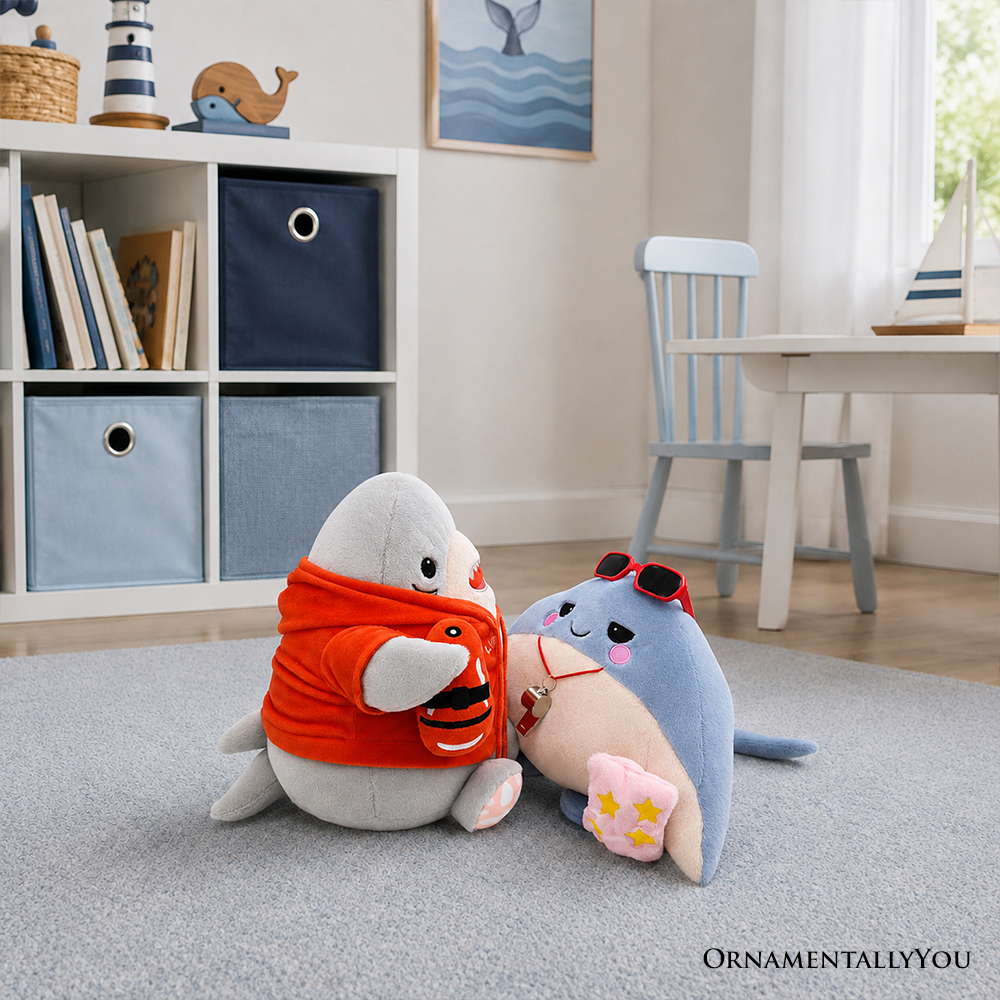 Finn Shark and Ray Stingray Lifeguard Plushie Set, 10.5" Funny Ocean Stuffed Animal Gift for Sea Life Lovers