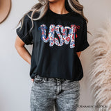 Floral USA Patriotic T-Shirt, 4th of July White, Natural and Black Tee for Stylish Women