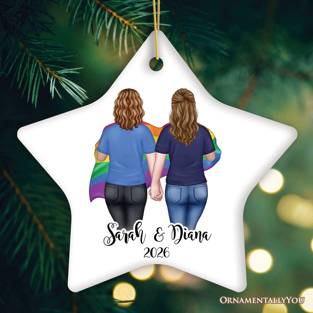 Gay Pride Women Couple with Rainbow Flag Personalized Christmas Ornament, LGBT and Lesbian Activism