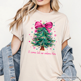 Glitter Christmas Tree Coquette Bow T‑Shirt, O Come Let Us Adore Him Holiday Tee