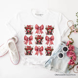 Highland Cow Coquette Bow Valentine T-Shirt, Cute Hearts Western Tee