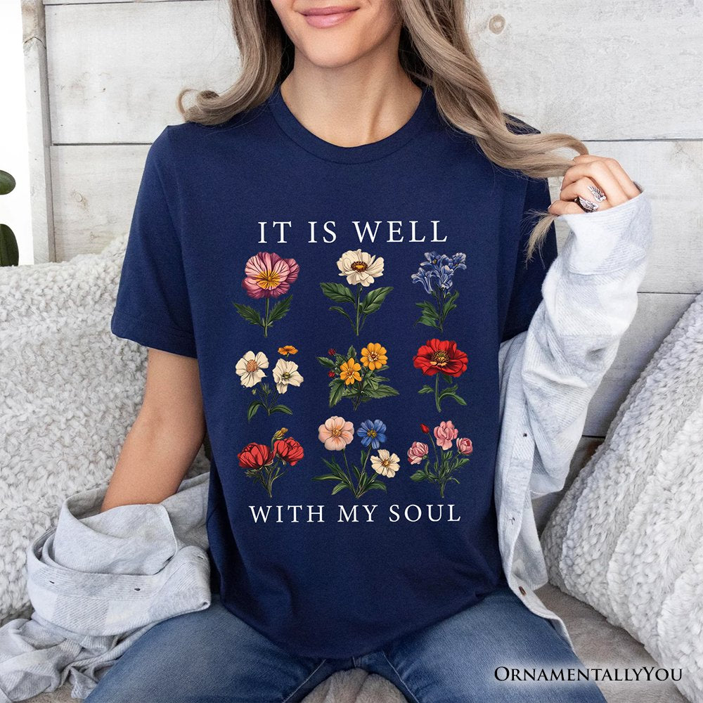 It Is Well With My Soul Christian Floral T-Shirt, Vintage Bible Verse Dark Tee