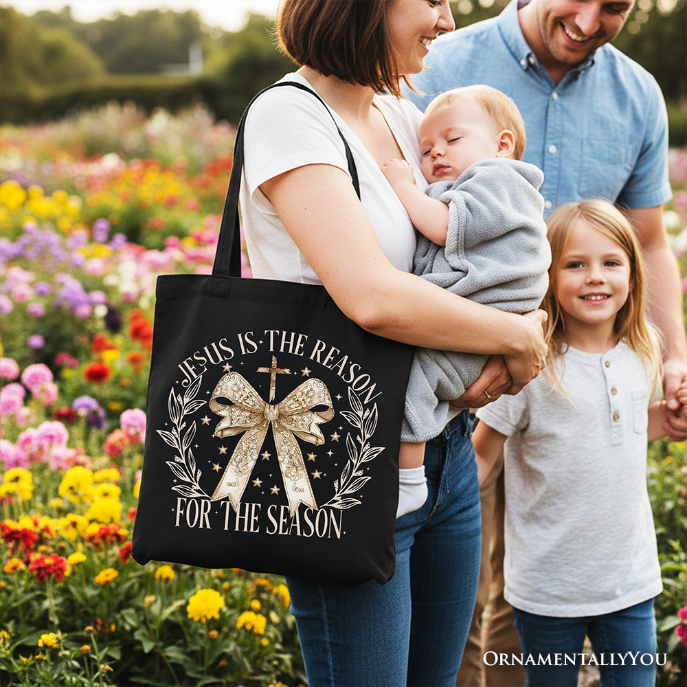 Jesus Is the Reason Christmas Tote Bag, Coquette Gold Bow Cross Gift Shopper for Faithful Women
