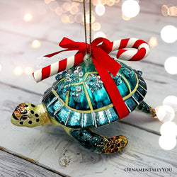 Nautical Gift Wrapped Sea Turtle Glass Christmas Ornament, Tropical Beach Holiday Decor