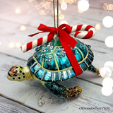 Nautical Gift Wrapped Sea Turtle Glass Christmas Ornament, Tropical Beach Holiday Decor