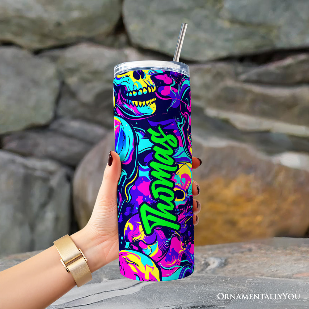 Neon Skull Chaos 20oz Personalized Tumbler With Lid and Stainless Steel Straw, Psychedelic Horror Halloween Gift Cup