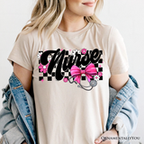 Nurse Floral Coquette Pink Bow T-Shirt, Retro Stethoscope Checkered Tee