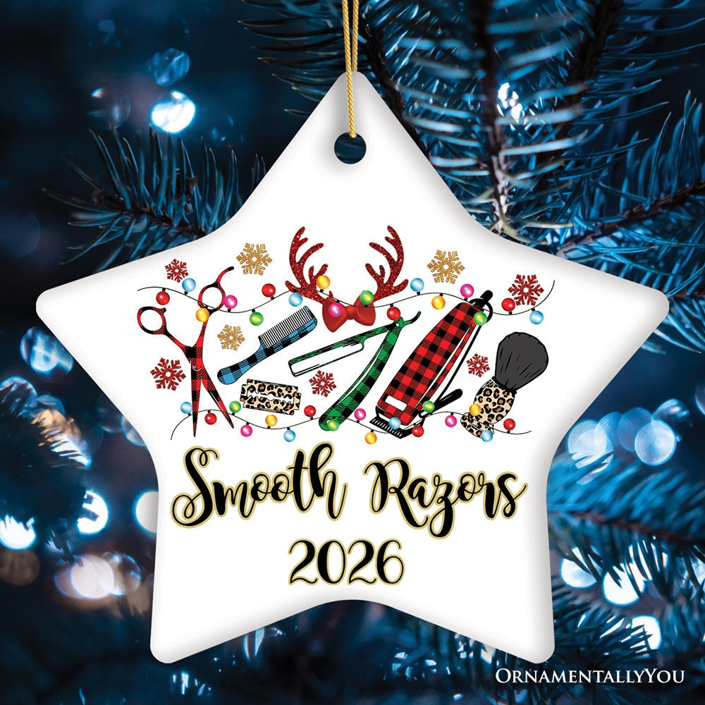Personalized Barber Buffalo Plaid Leopard Merry Christmas Ornament, Barbershop Gift