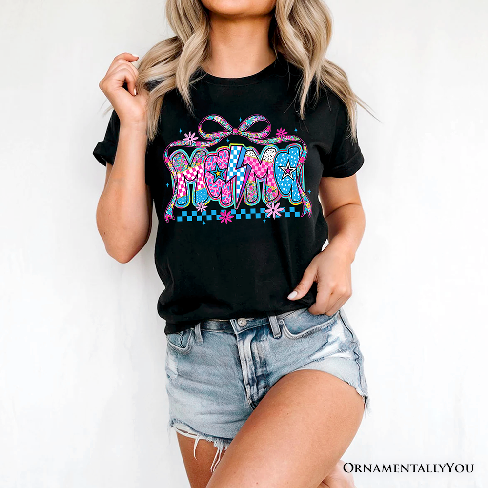 Preppy Mama Checkered Retro T-Shirt, Lightning Bolt Mom Tee