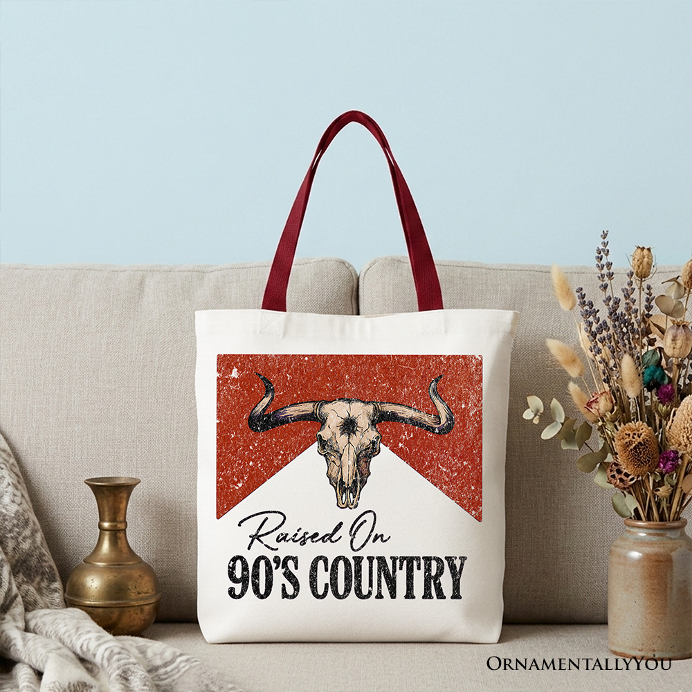 Raised On 90s Country Tote Bag, Vintage Bull Skull Gift Shopper