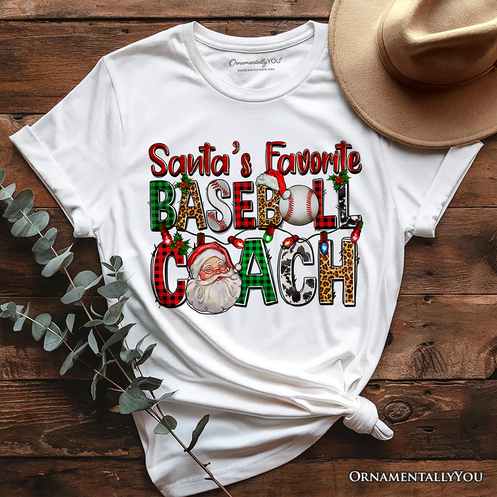 Santa’s Favorite Baseball Coach Plaid Christmas T-Shirt, Sports Team Holiday Tee