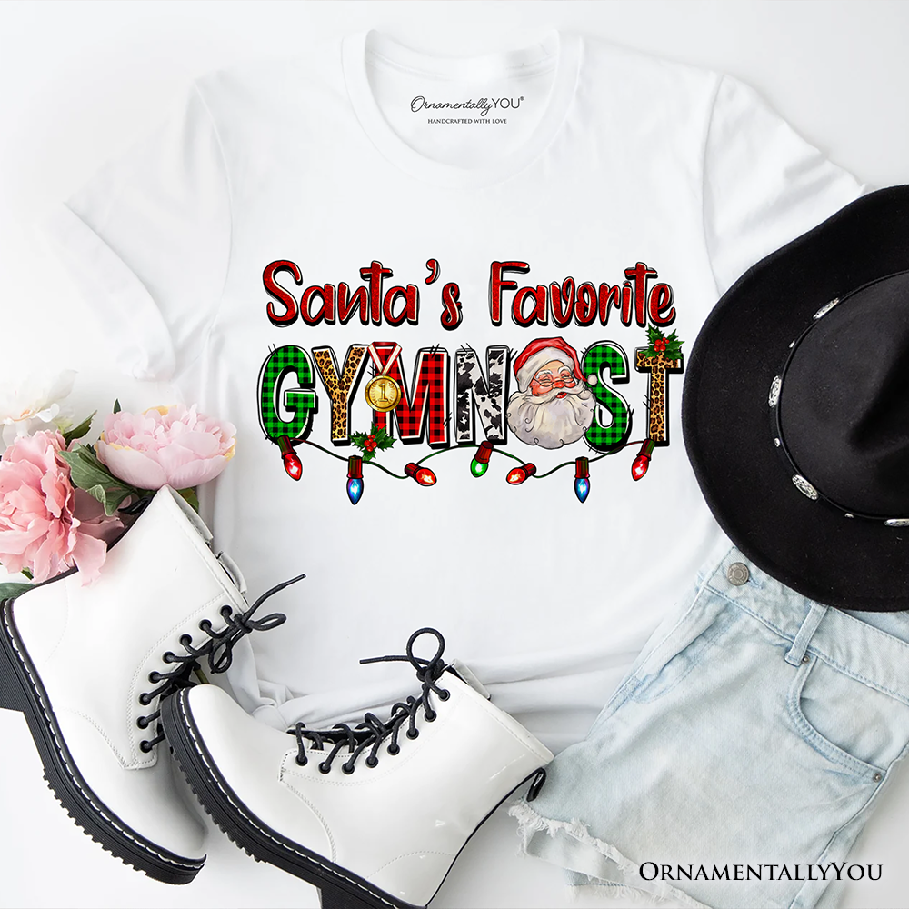 Santa’s Favorite Gymnast Plaid Christmas T-Shirt, Sports Team Holiday Tee