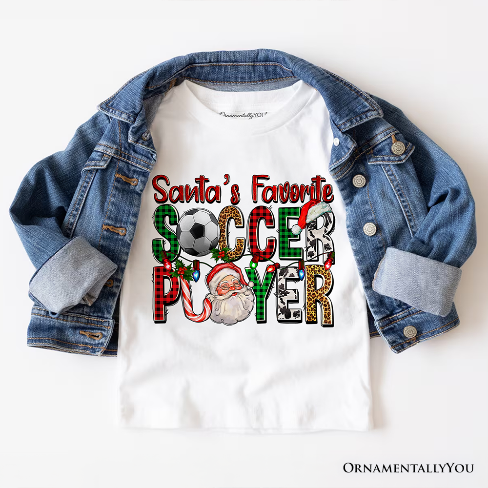 Santa’s Favorite Soccer Player Plaid Christmas T-Shirt, Sports Team Holiday Tee