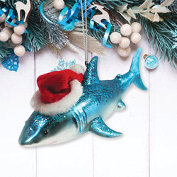 (Pre-Order) Shark with Santa Hat Glass Christmas Ornament