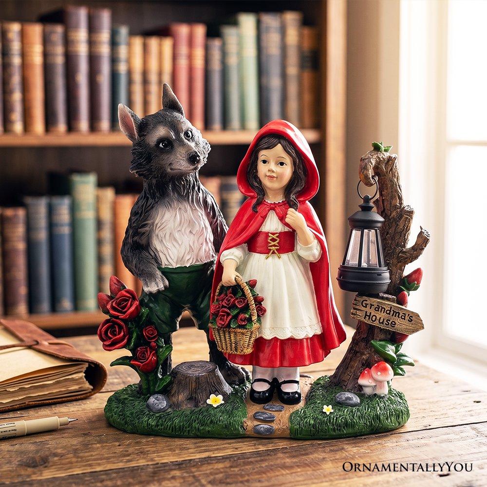 Solar Powered Little Red Riding Hood Garden Statue, 12" Lighted Fairy Tale Figurine Outdoor Decor