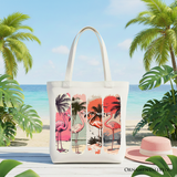 Summer Flamingo Beach Canvas Tote Bag, Retro Vacation Tropical Sunset Gift Shopper