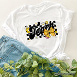 Teach Checkered Coquette Bow T-Shirt, White and Natural Retro Tee for Trendy Teachers