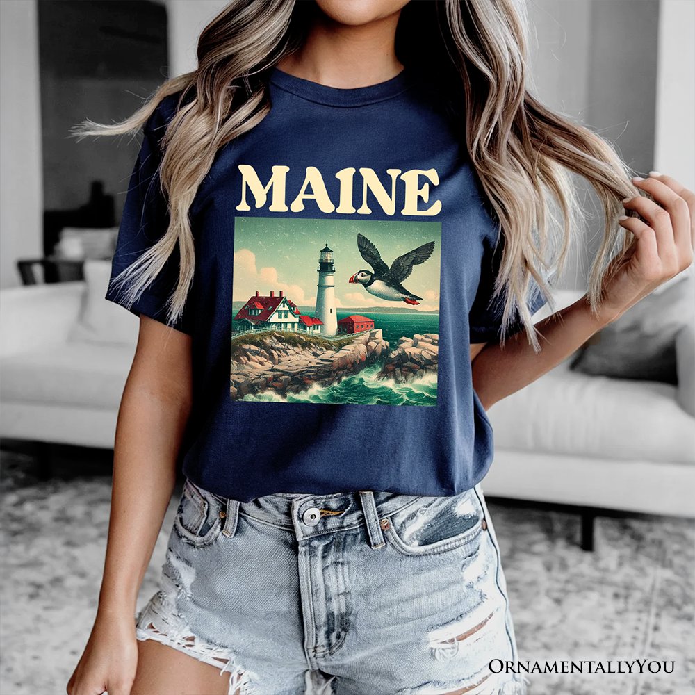 Vintage Maine State Lighthouse and Puffin T-Shirt, New England Coastal Tee and Seaside Souvenir