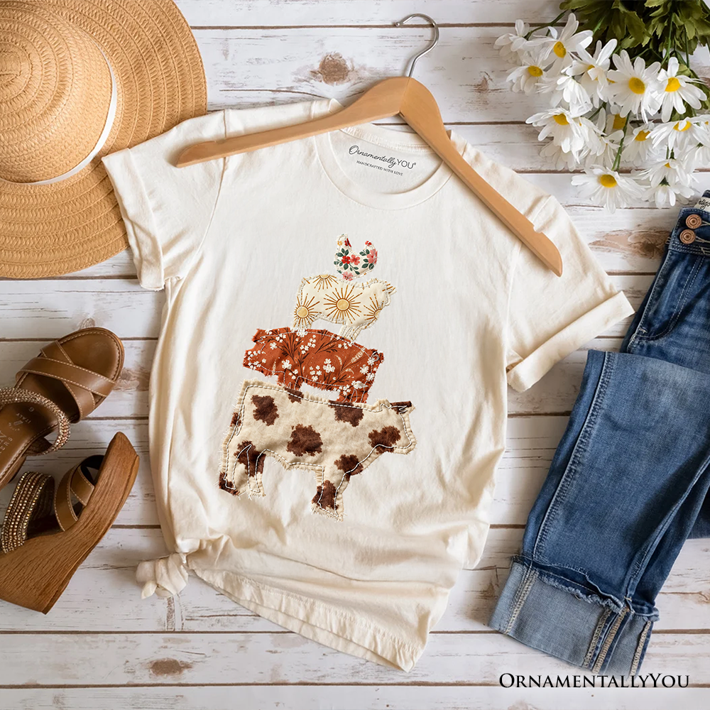 Western Farm Animals Printed Faux Patchwork T-Shirt, Country Cow Pig Sheep Hen Tee