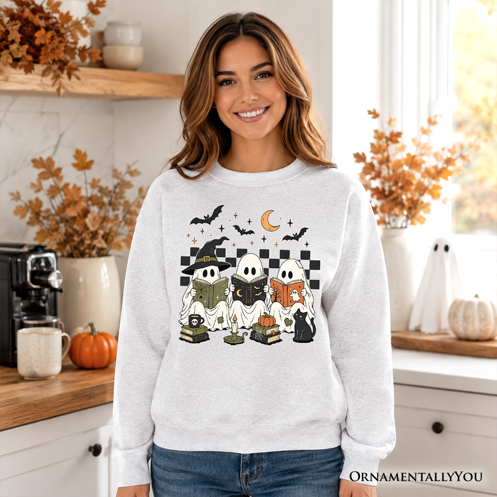 Bookish Ghosts Reading Sweatshirt, Checkered Halloween Witch Cat Sweater