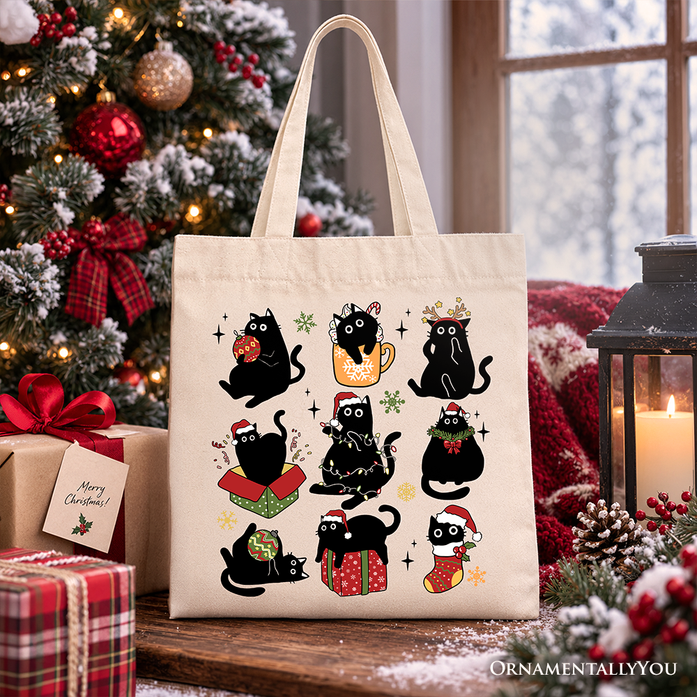 Christmas Black Cats Tote Bag, Whimsical Cats with Santa Hat Gift Shopper