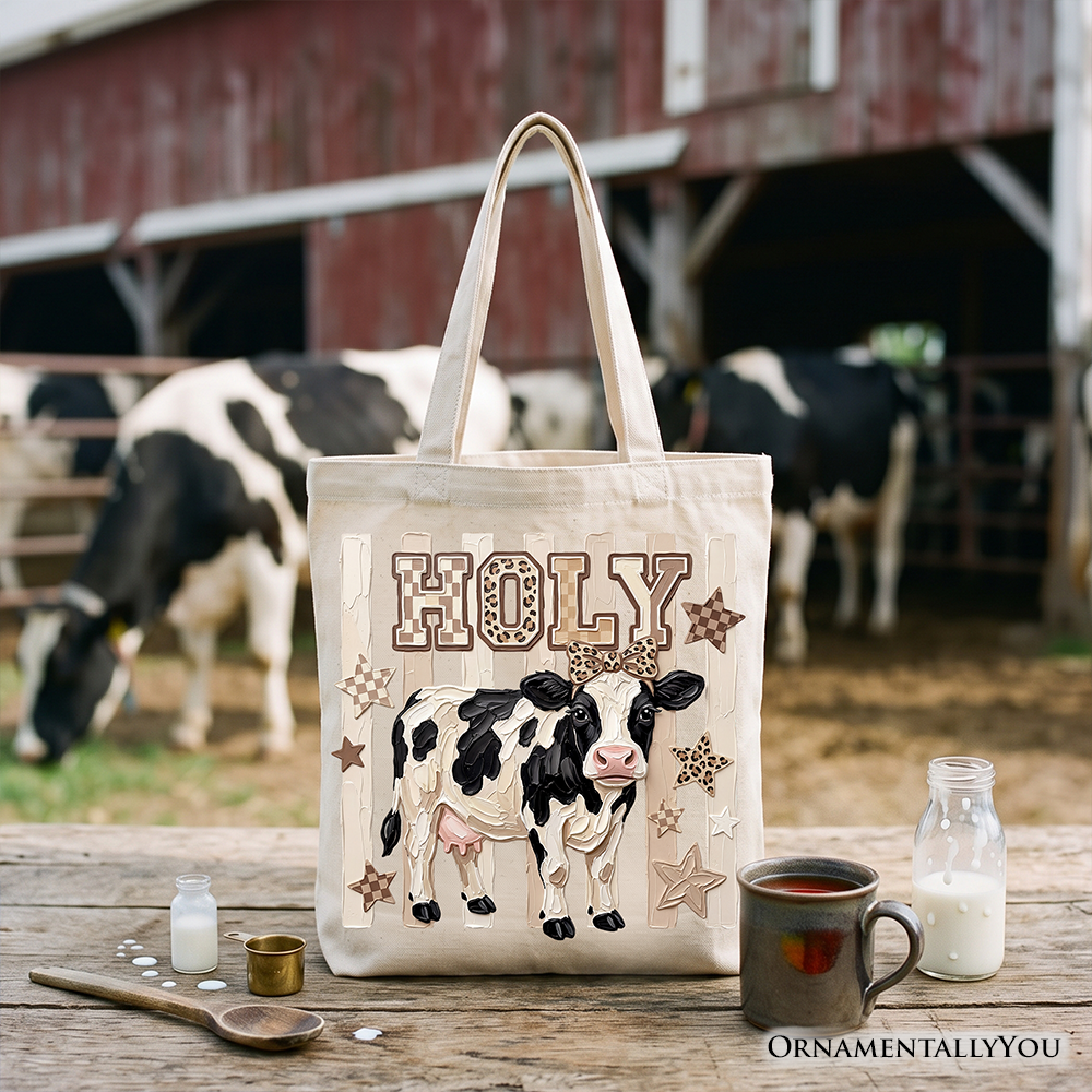 Holy Cow Coquette Tote Bag, Leopard Bow Farm Animal Gift Shopper