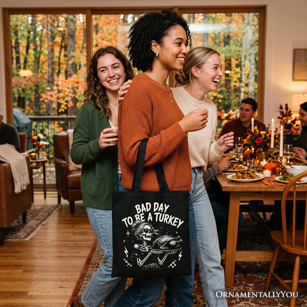 Bad Day to Be a Turkey Tote Bag, Funny Vintage Thanksgiving Skeleton Gift Shopper