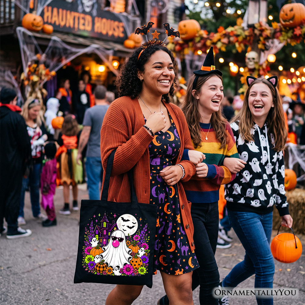 Bubblegum Ghost Haunted House Tote Bag, Colorful Floral Halloween Pumpkin Gift Shopper