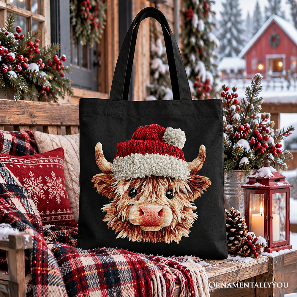 Highland Cow Santa Hat Christmas Tote Bag, Imitation Latch Hook Yarn Cozy Gift Shopper