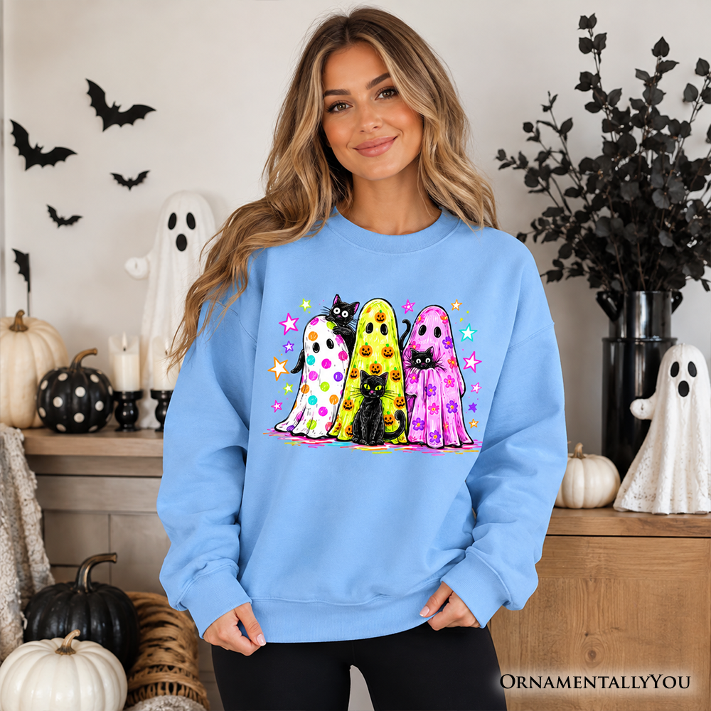 Colorful Ghosts and Black Cats Sweatshirt, Neon Halloween Spooky Season Sweater
