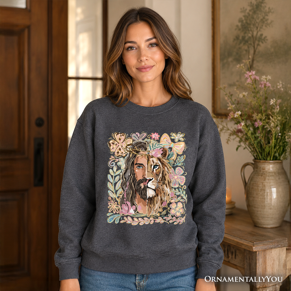 Lion of Judah Christian Sweatshirt, Floral Jesus Religious Faith Sweater