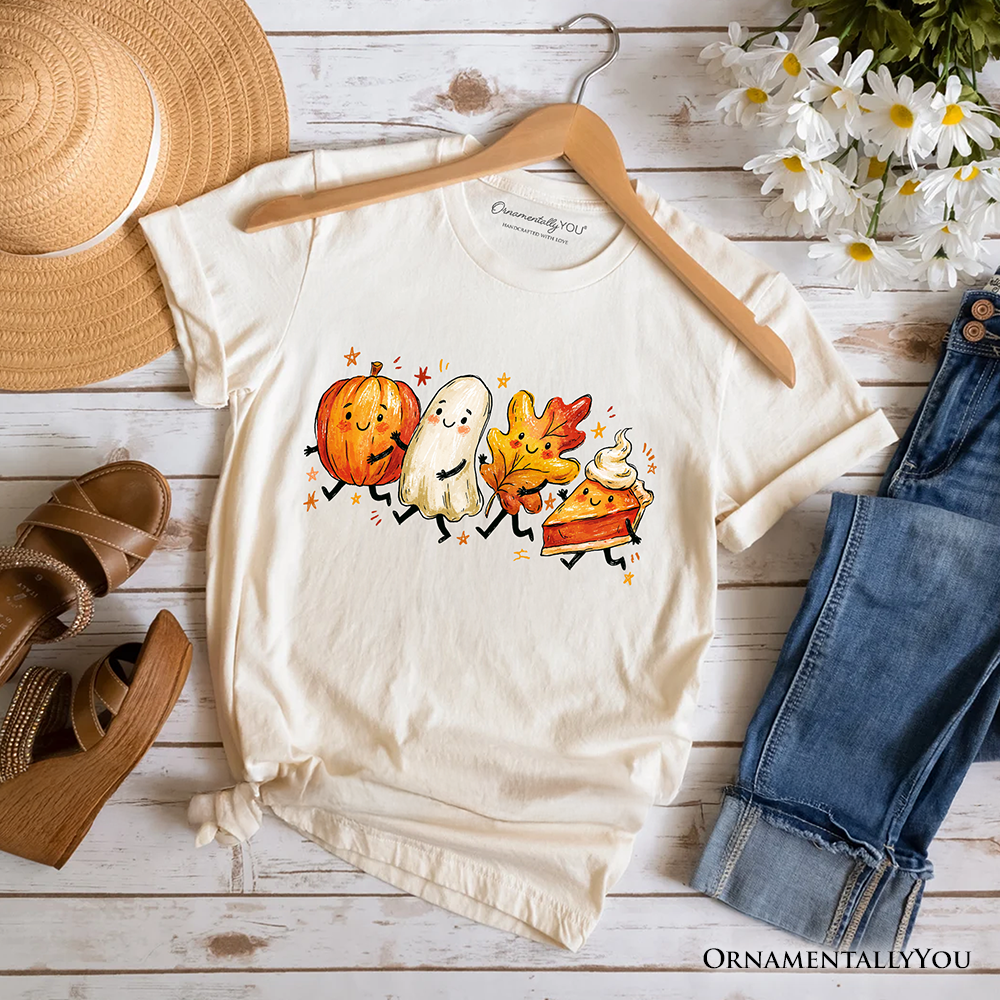 Cute Fall Characters T-Shirt, Pumpkin Ghost Leaf Pie Autumn Tee