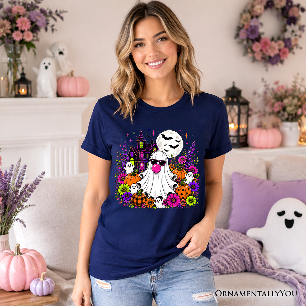 Bubblegum Ghost Haunted House T-Shirt, Colorful Floral Halloween Pumpkin Tee