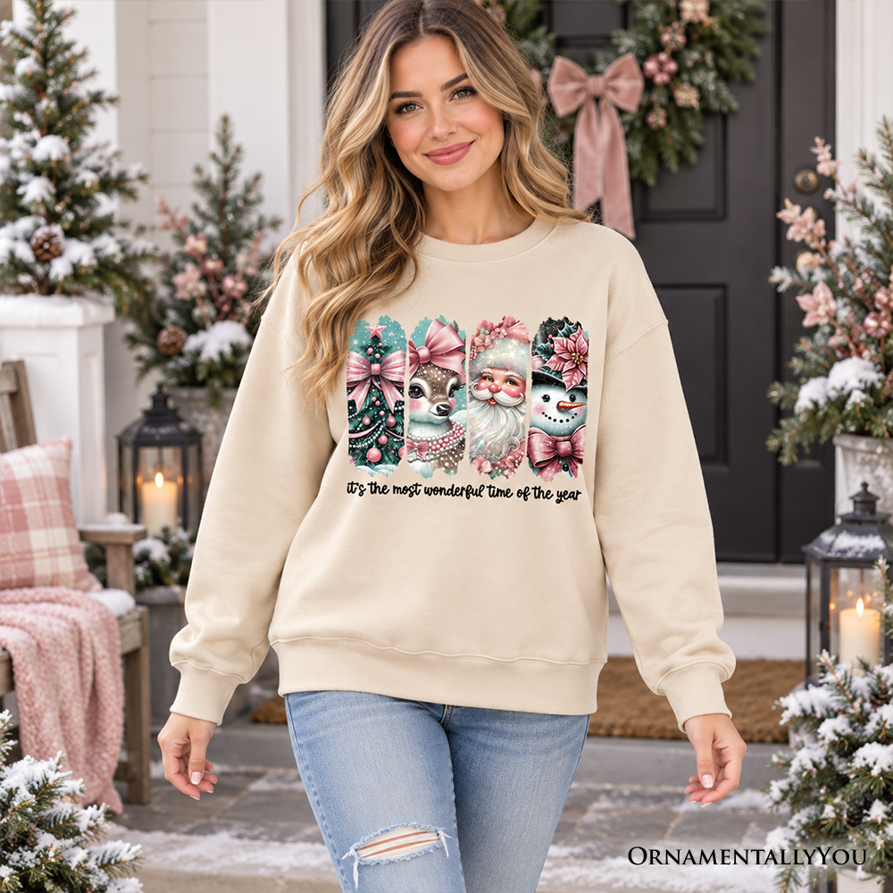 Coquette Pink Christmas Sweatshirt, It's The Most Wonderful Time Of The Year Vintage Tree, Reindeer, Santa and Snowman Sweater