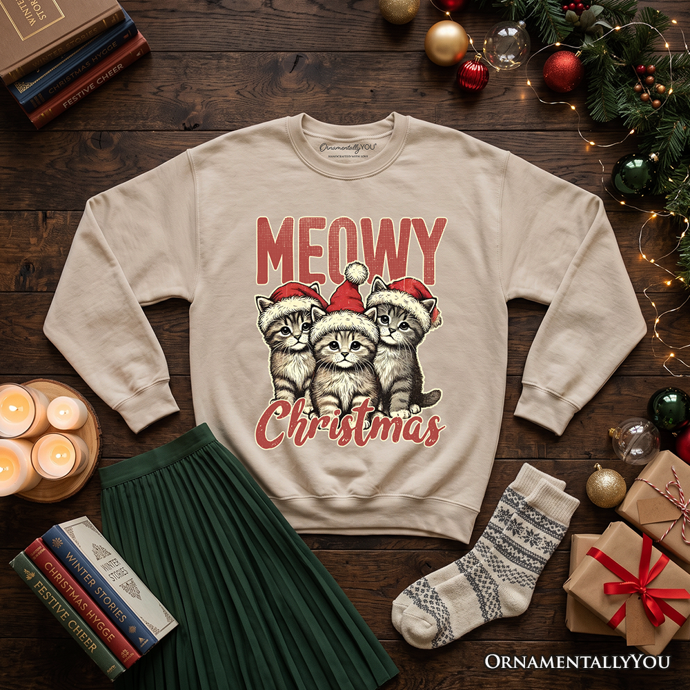 Cute Meowy Christmas Sweatshirt, Baby Cat In Santa Hat Holiday Sweater