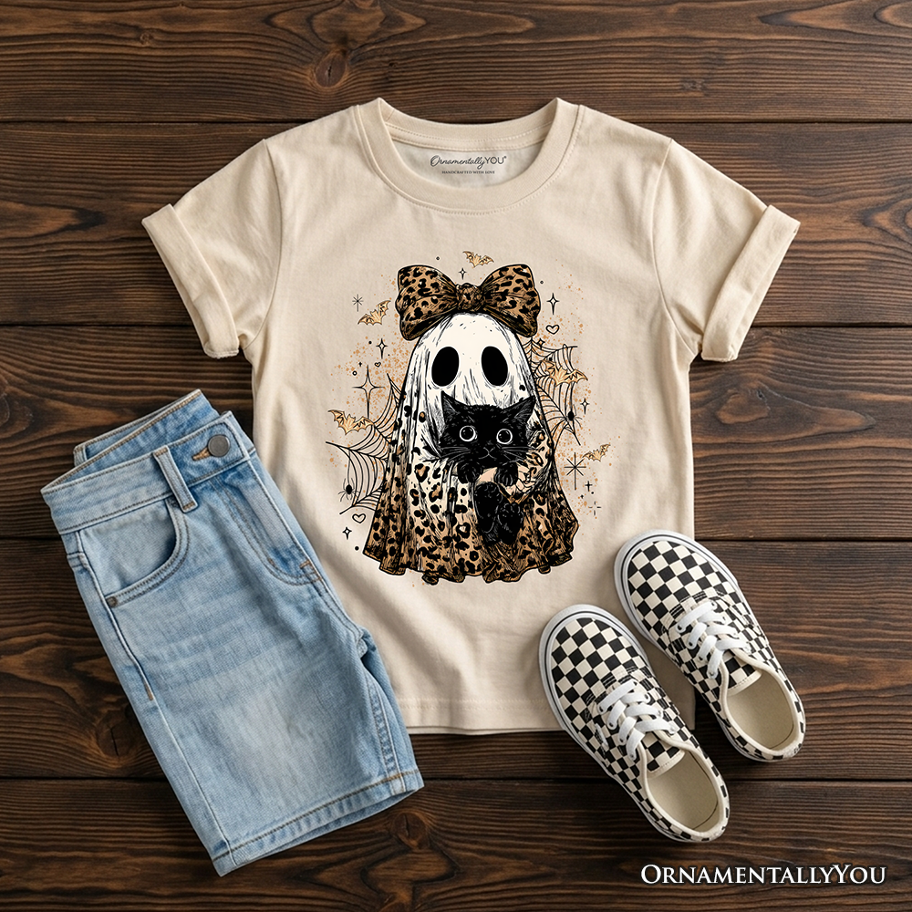 Kids Leopard Bow Ghost with Black Cat T-Shirt, Spooky Halloween Spider Web Youth Tee