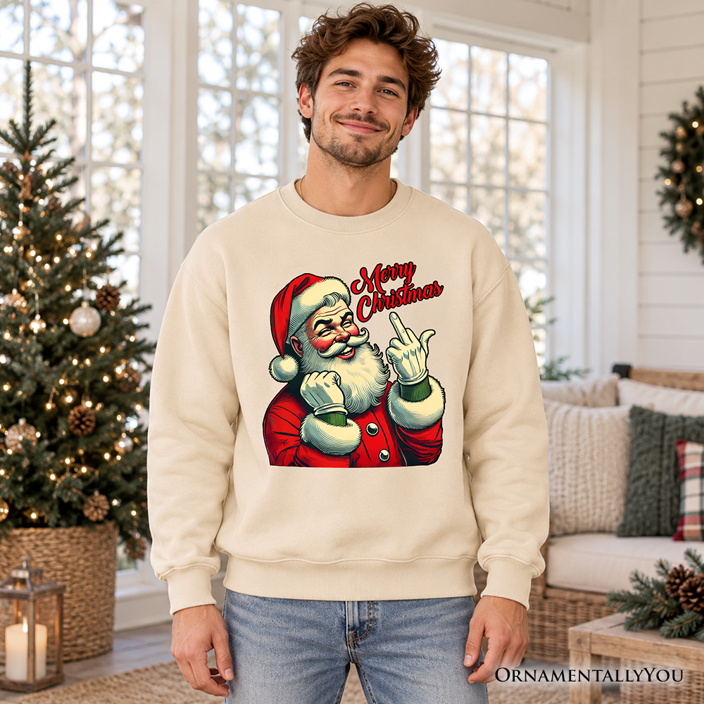 Santa Middle Finger Christmas Sweatshirt, Vintage Funny Sweater for Naughty Holiday Humor