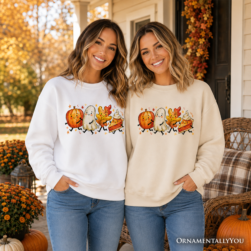 Cute Fall Characters Sweatshirt, Pumpkin Ghost Leaf Pie Autumn Sweater