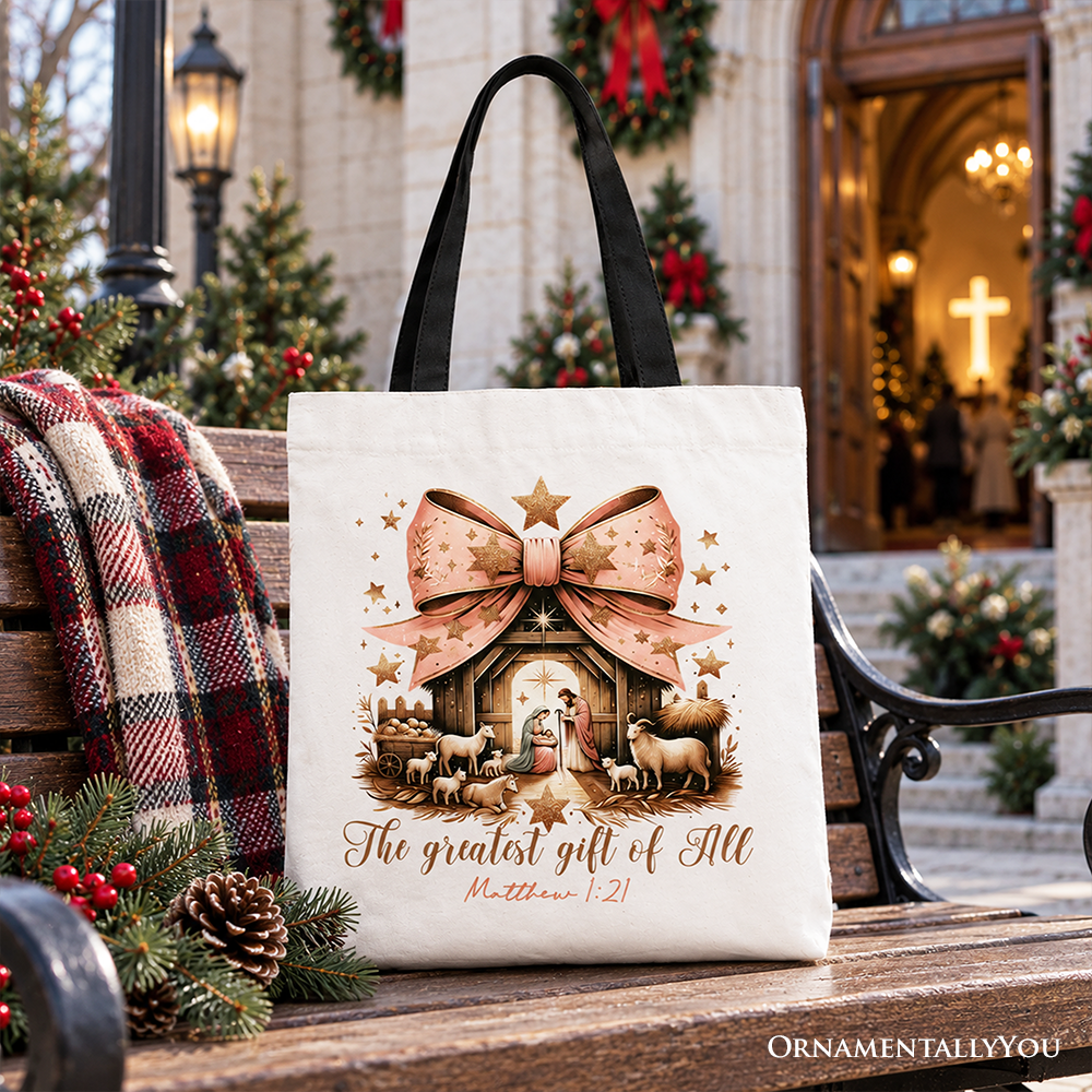 Holy Night Nativity Scene Jesus Tote Bag, The Greatest Gift of All Matthew 1:21 Christian Christmas Gift Shopper