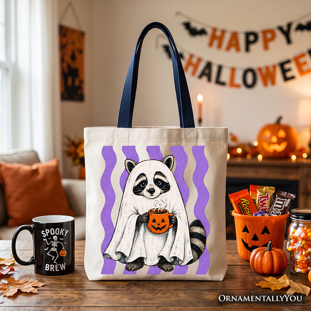 Ghost Costume Raccoon Tote Bag, Halloween Pumpkin Coffee Mug Gift Shopper