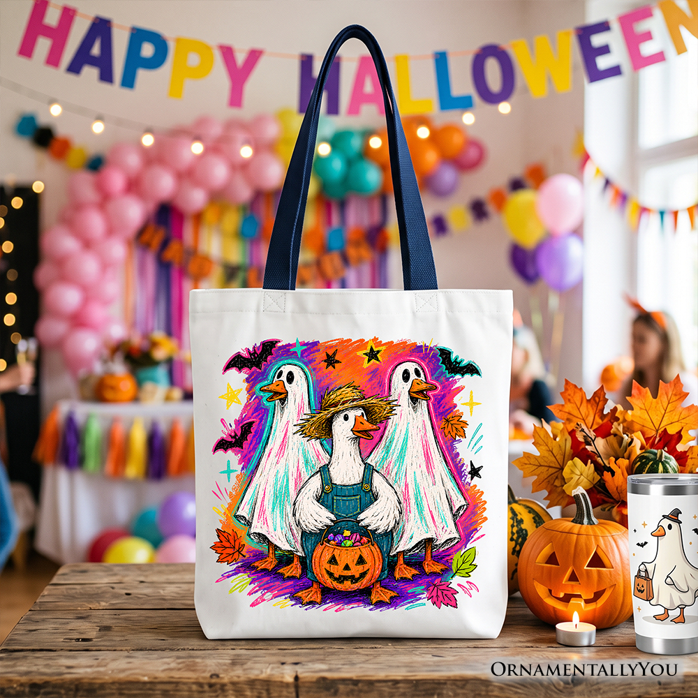 Trick or Treat Geese Tote Bag, Colorful Halloween Ghost Costume Gift Shopper