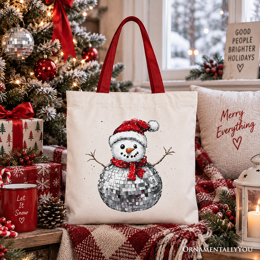 Disco Snowman Christmas Tote Bag, Retro Holiday Gift Shopper for Dancers