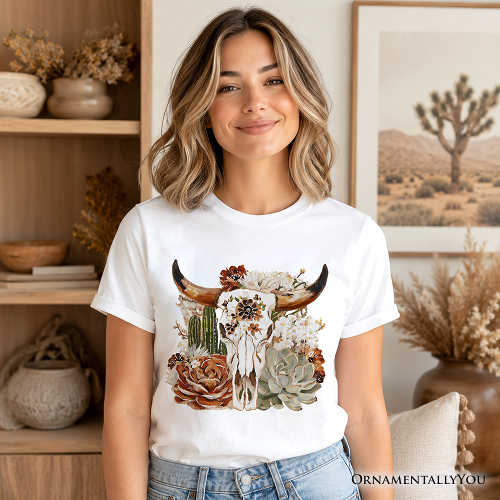 Boho Floral Cow Skull T-Shirt, Western Autumn Cowgirl Tee