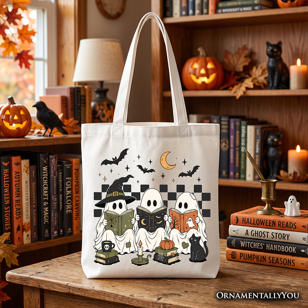 Bookish Ghosts Reading Tote Bag, Checkered Halloween Witch Cat Gift Shopper