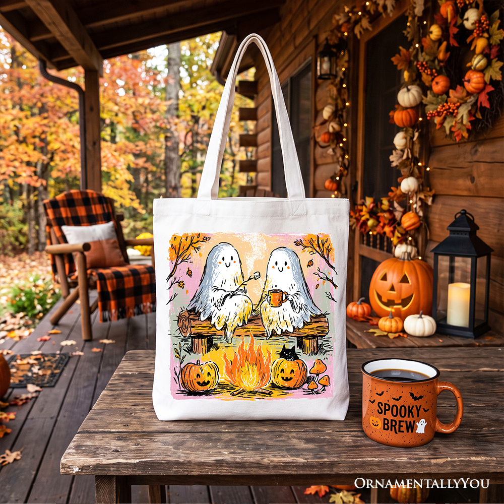 Cozy Campfire Ghosts Tote Bag, Fall Halloween Pumpkin Gift Shopper