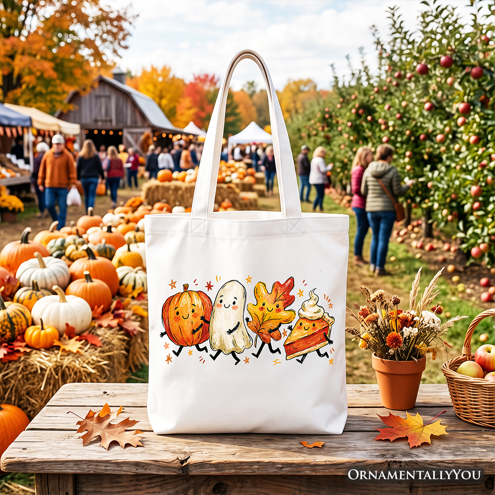 Cute Fall Characters Tote Bag, Pumpkin Ghost Leaf Pie Autumn Gift Shopper