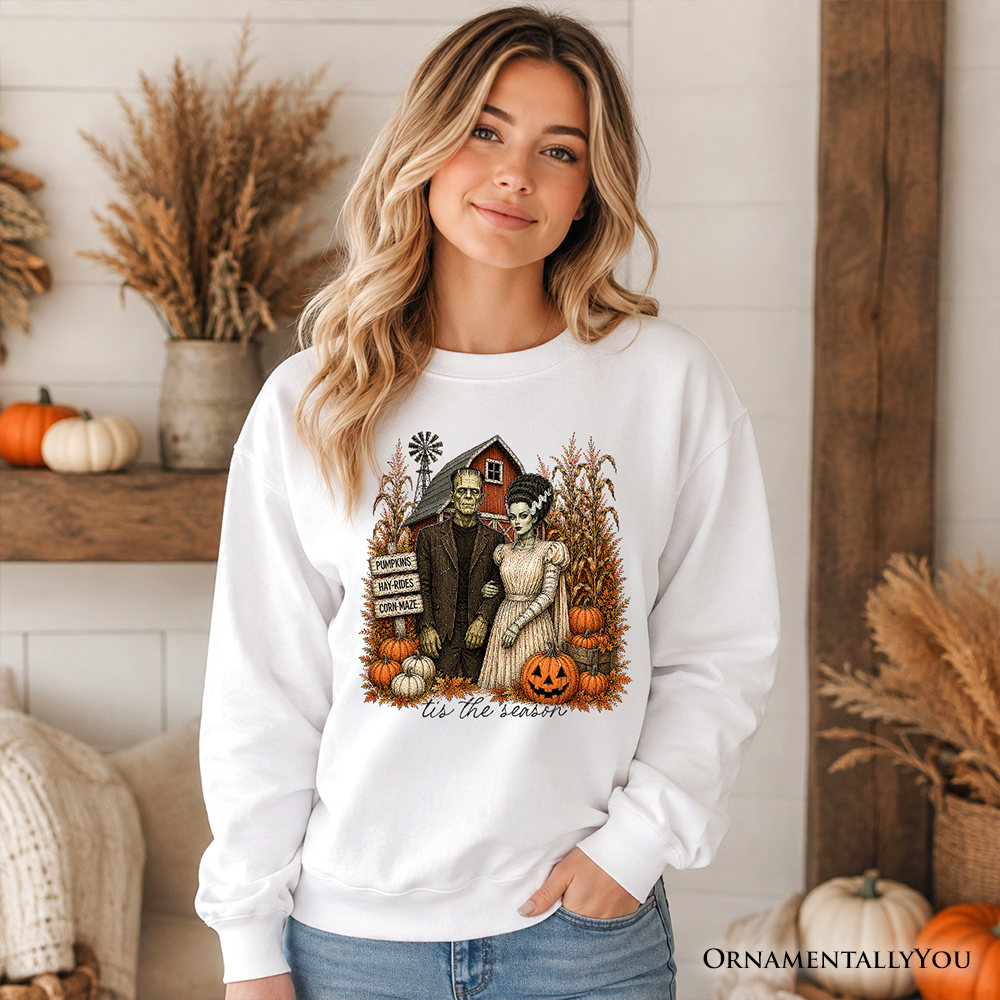Frankenstein Couple Pumpkin Patch Sweatshirt, Vintage Halloween Fall Festival Sweater