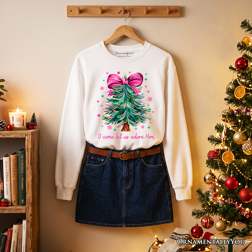 Glitter Christmas Tree Coquette Bow Sweatshirt, O Come Let Us Adore Him Holiday Sweater